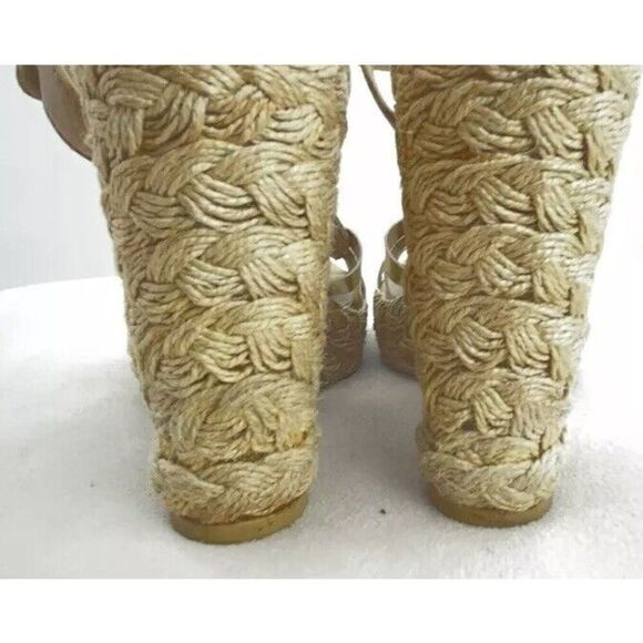 Stuart Weitzman Espadrilles Wedge Heels 5.5M Tan Gold Leather T-Strap Huarache - Picture 5 of 10